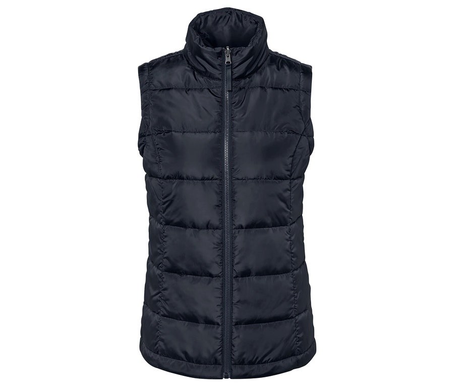 Granatowa pikowana kamizelka z zamkiem błyskawicznym i wysokim kołnierzem.