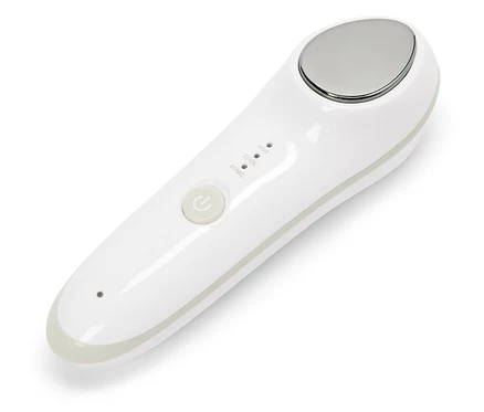 Białe urządzenie kosmetyczne z metalową głowicą i przyciskami do regulacji temperatury i trybu sonic.