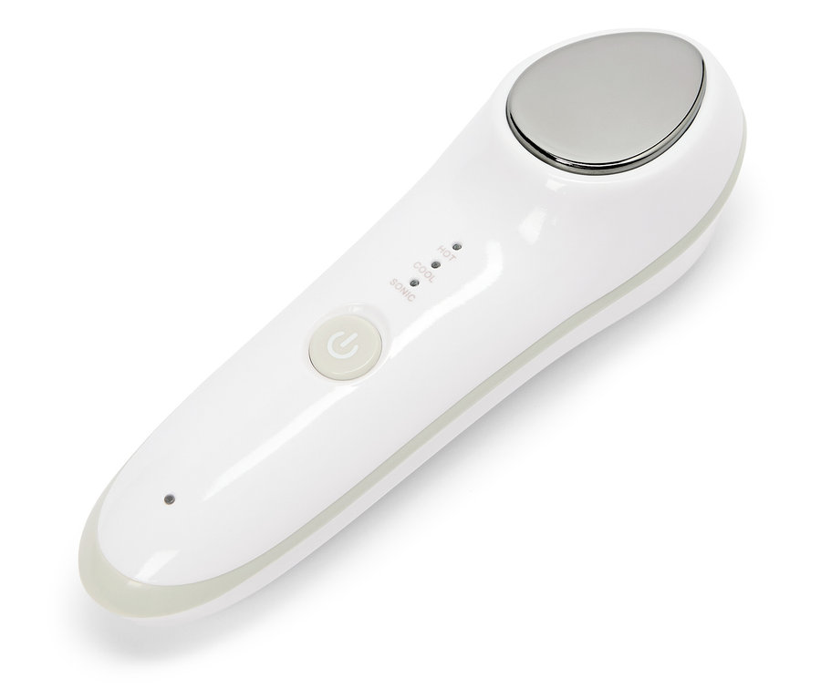 Białe urządzenie kosmetyczne z metalową głowicą i przyciskami do regulacji temperatury i trybu sonic.