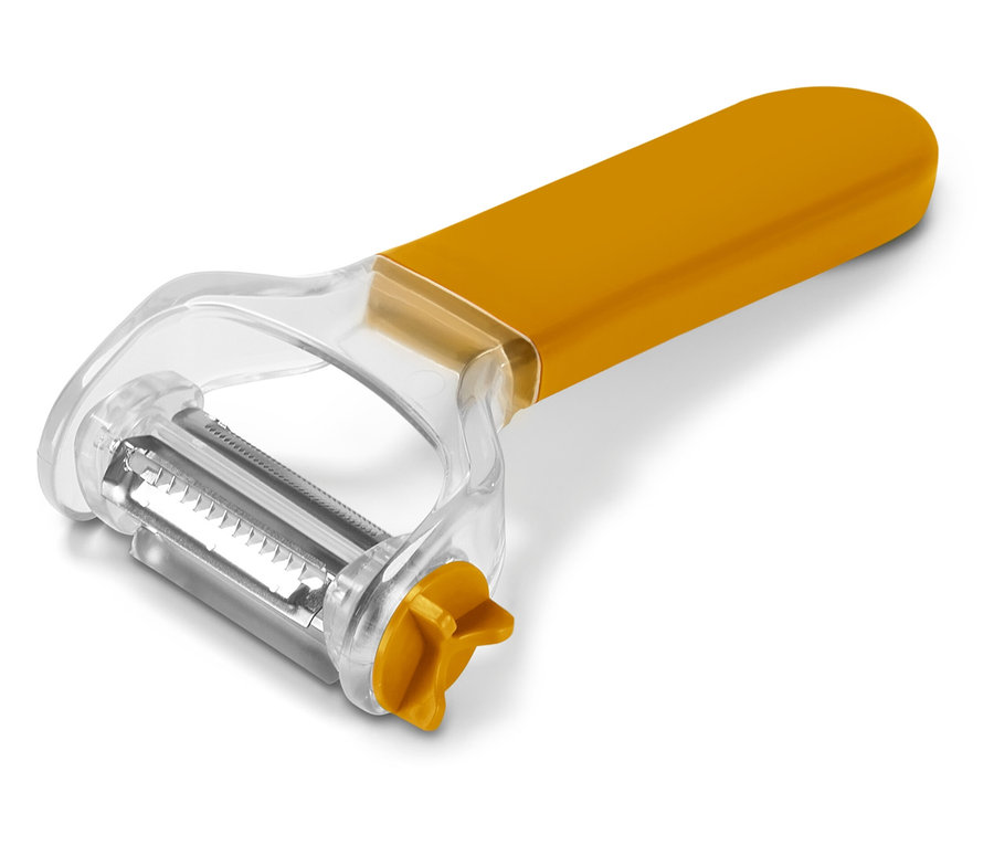 Żółta obieraczka do warzyw z przezroczystą plastikową osłoną na białym tle.