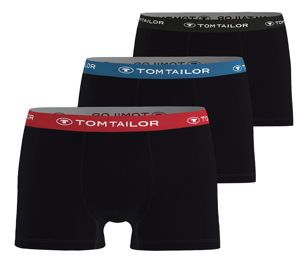 Trzy pary kolorowych bokserek Tom Tailor „Buffer” ułożone w stos. Mają czarne nogawki i kolorowe pasy z logo Tom Tailor.