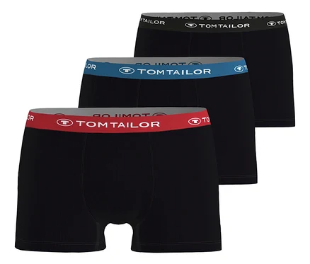 Trzy pary kolorowych bokserek Tom Tailor „Buffer” ułożone w stos. Mają czarne nogawki i kolorowe pasy z logo Tom Tailor.