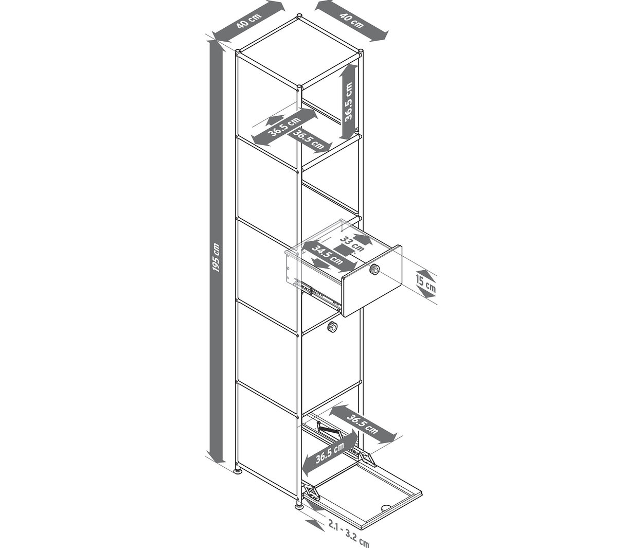 Ilustracja metalowej szafki „CN3” z 2 klapami i 2 szufladami.