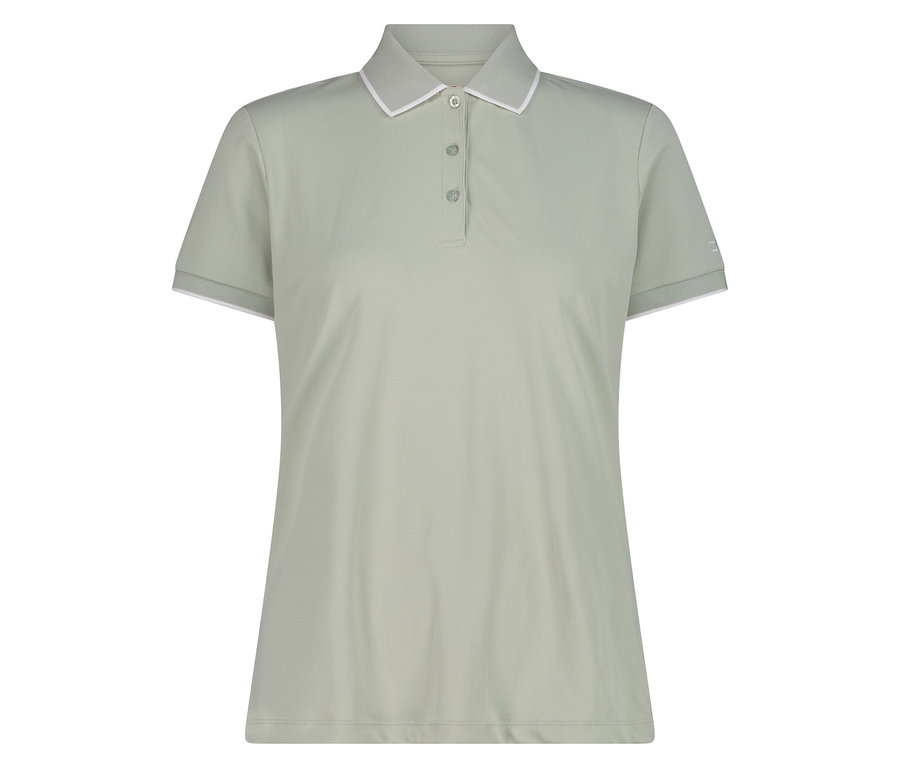 Jasnozielona koszulka polo z białymi akcentami na kołnierzyku i rękawach.