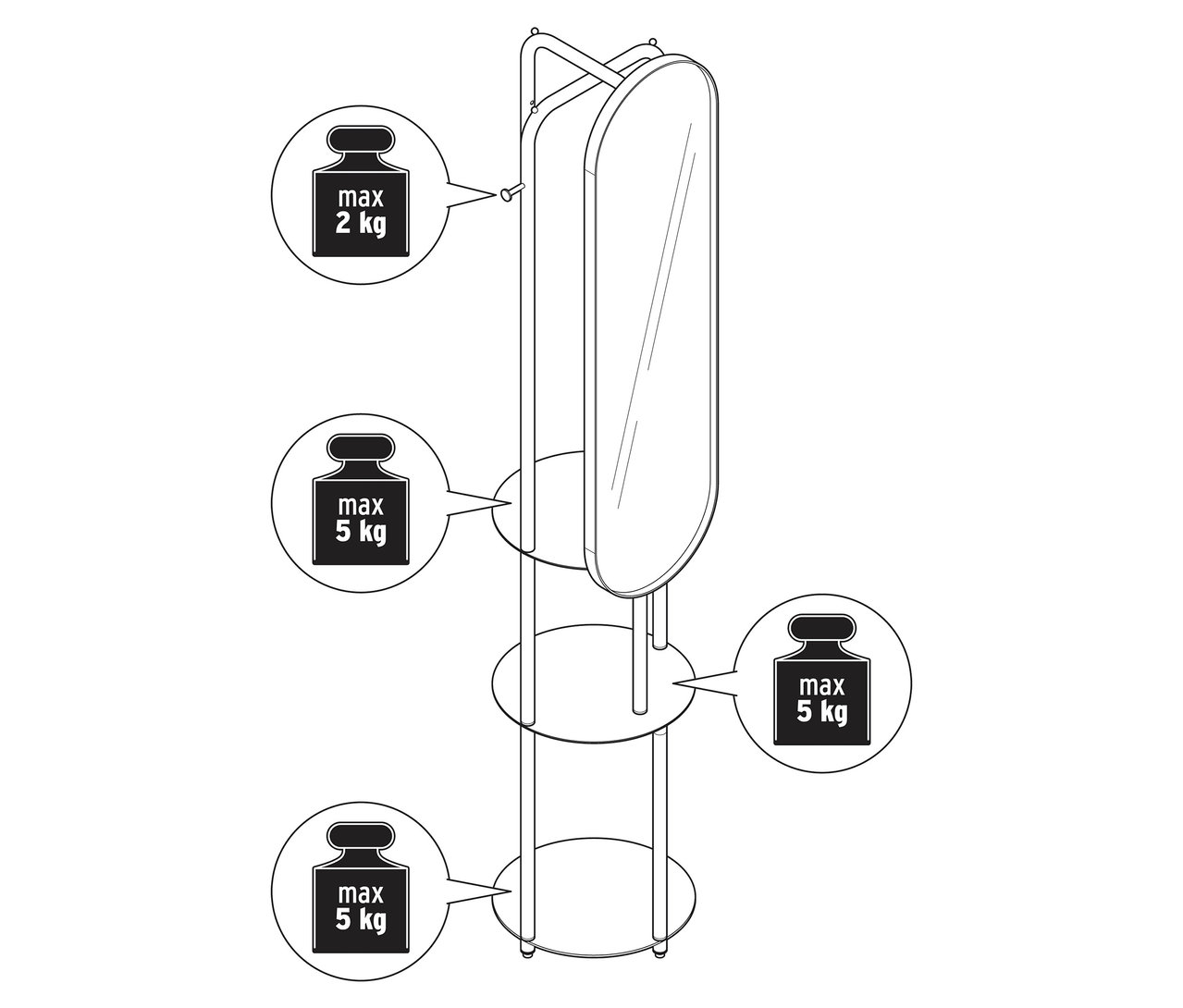 Ilustracja wieszaka na ubrania z dużym lustrem.