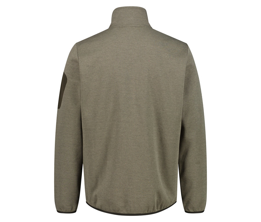 Widok z tyłu oliwkowej kurtki polarowej zapinanej na zamek z ciemną naszywką na rękawie.