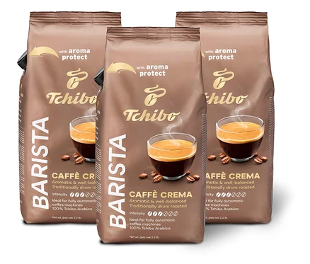 Trzy opakowania kawy ziarnistej BARISTA Caffè Crema - 3x 1 kg, ustawione obok siebie.