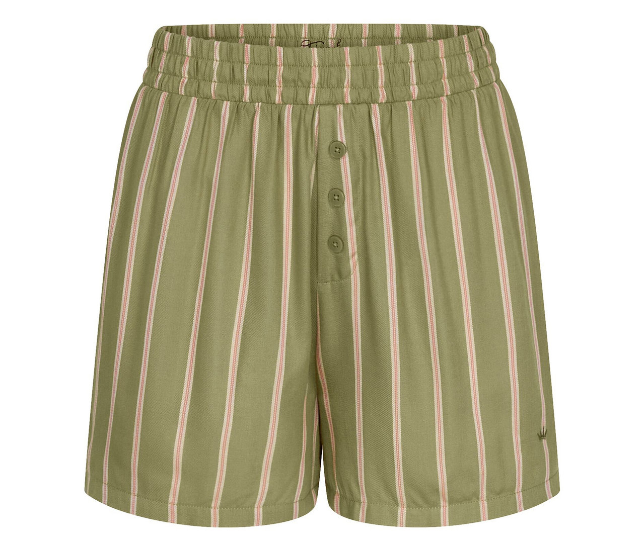 Szorty z wiskozy Triumph Mix & Match w oliwkowej zieleni z różowymi paskami, elastycznym pasem i guzikami.