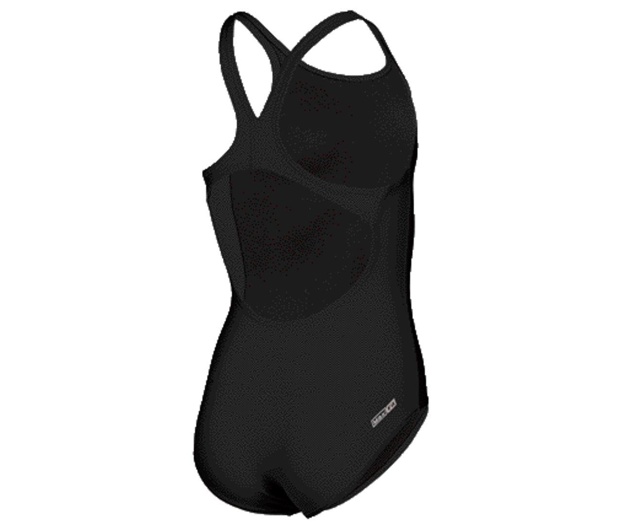 Czarny strój kąpielowy z krzyżującymi się ramiączkami na plecach.