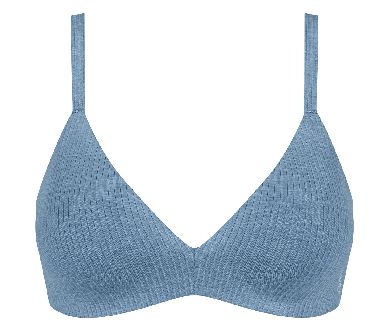 Jasnoniebieski biustonosz typu bralette z prążkowanego materiału, z miękkimi miseczkami i cienkimi ramiączkami.