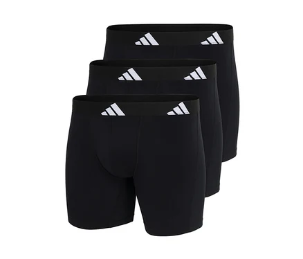Trzy czarne bokserki adidas Active Flex Cotton, ułożone jedna za drugą, z białym logo adidas na pasie.