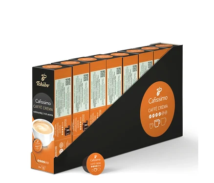 W czarnym uchwycie ustawiono kilka opakowań Caffè Crema vollmundig - 80 kapsułek.