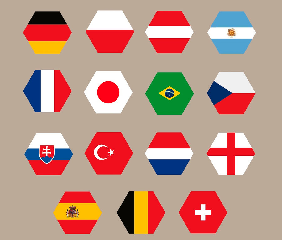 Siatka 15 sześciokątnych flag, w tym Niemiec, Polski, Austrii, Argentyny, Francji, Japonii, Brazylii, Czech, Słowacji, Turcji, Holandii, Anglii, Hiszpanii, Belgii i Szwajcarii.
