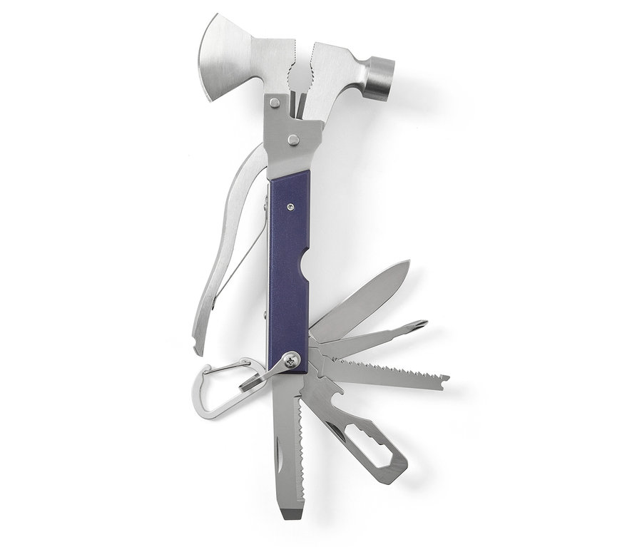 Składane narzędzie wielofunkcyjne z młotkiem, siekierą, szczypcami, nożem, piłą i karabińczykiem.