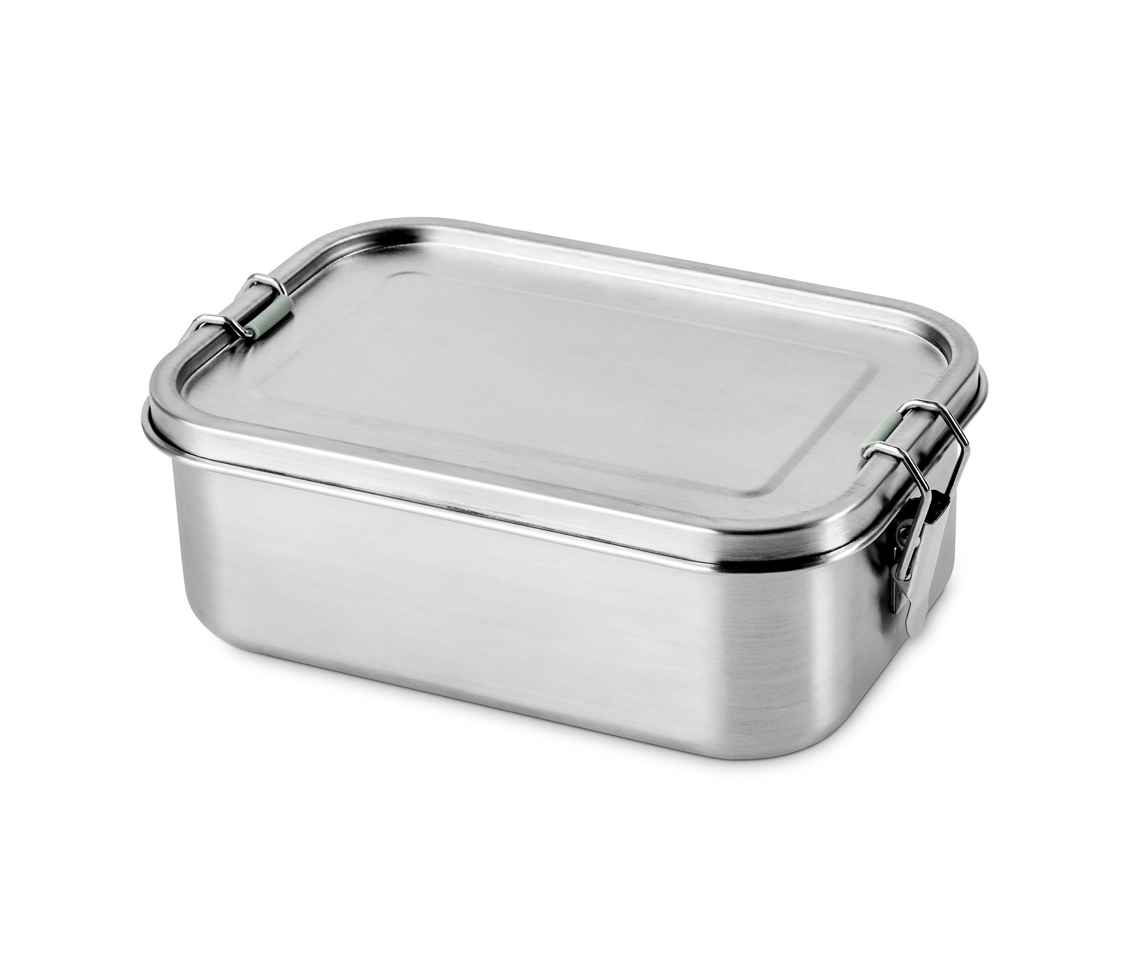 Metalowy pojemnik na lunch na białym tle.