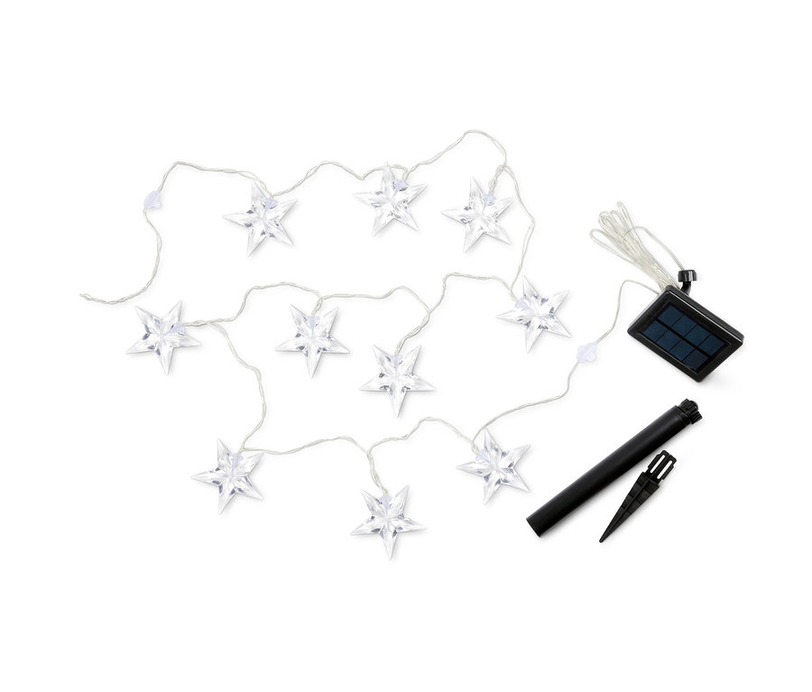 Solarny łańcuch świetlny z dziesięcioma gwiazdami i panelem słonecznym.