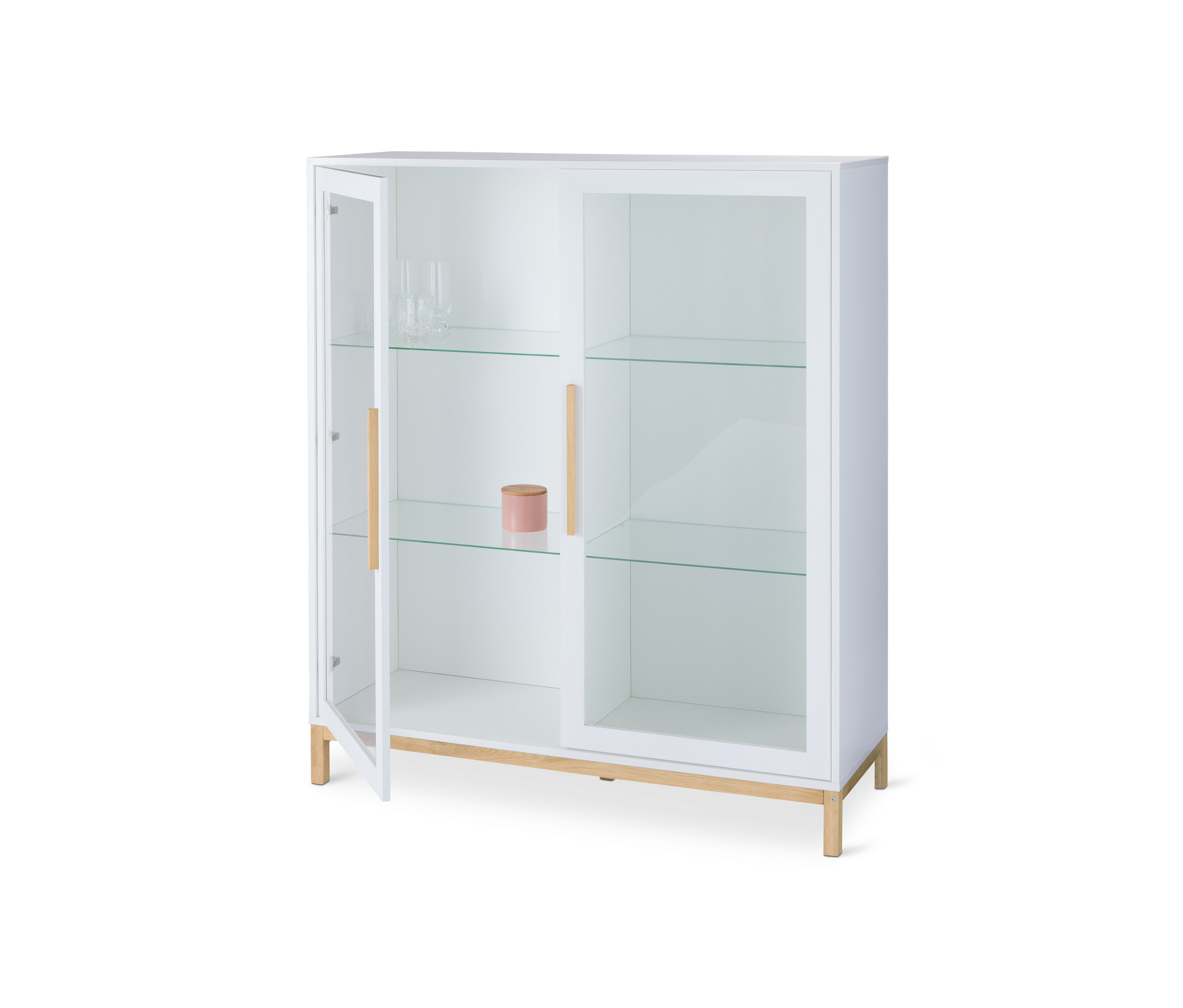 Biała witryna »Eklund« z 2 drzwiami, jedne drzwi otwarte.