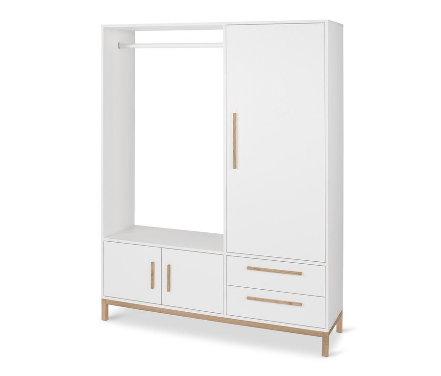 Biała szafa garderobiana »Eklund« z półkami, szufladami i drążkiem na ubrania.