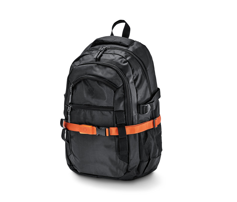 Czarny plecak z pomarańczowym paskiem LED.