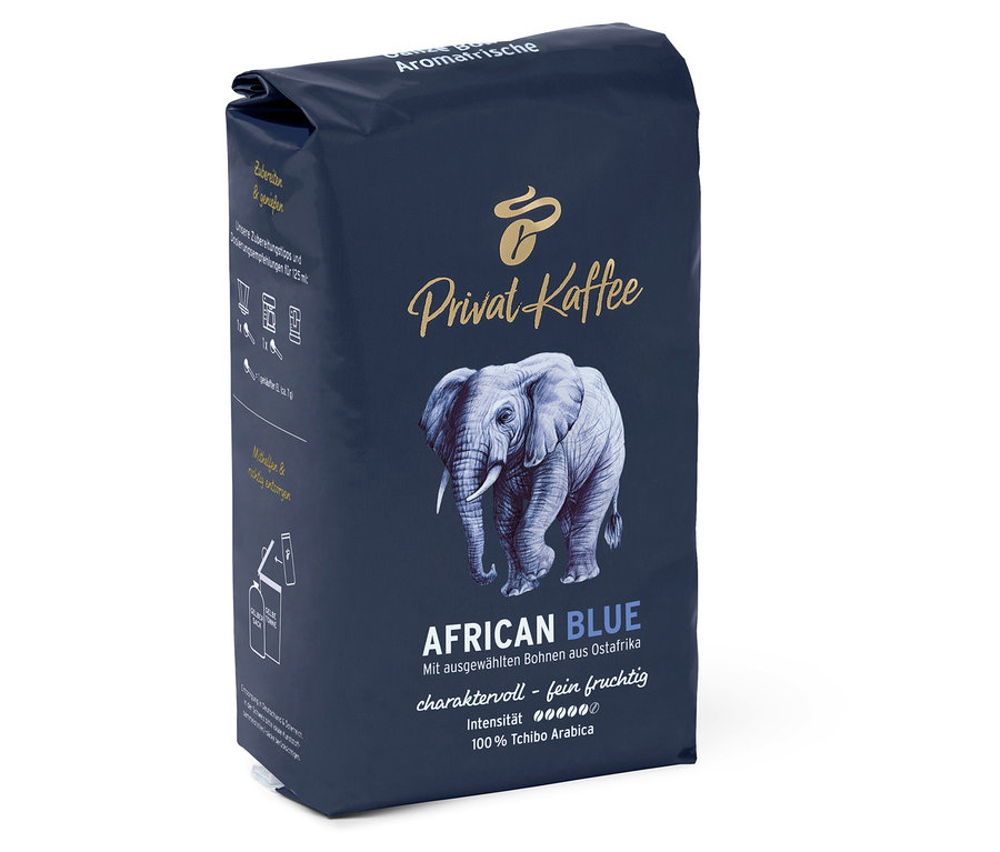 Opakowanie kawy ziarnistej Privat Kaffee African Blue z obrazkiem słonia.