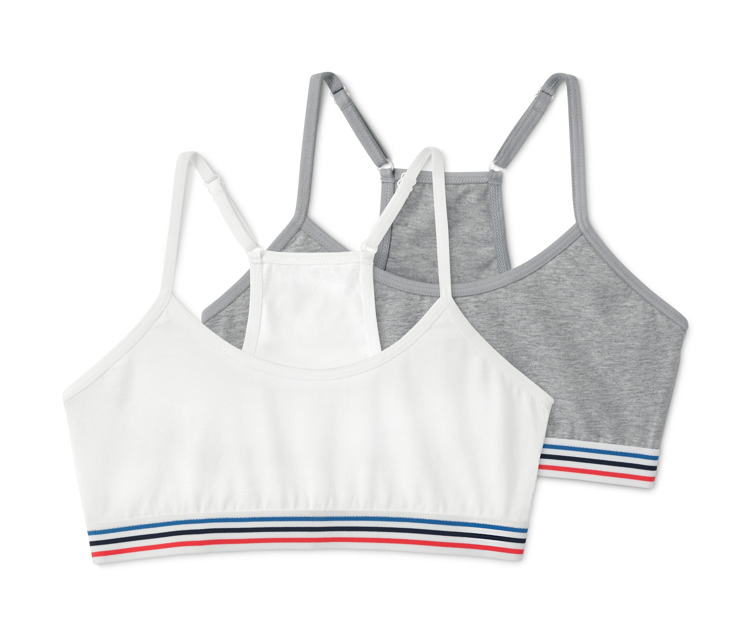 Dwa dziewczęce biustonosze gorsetowe, biały i szary.