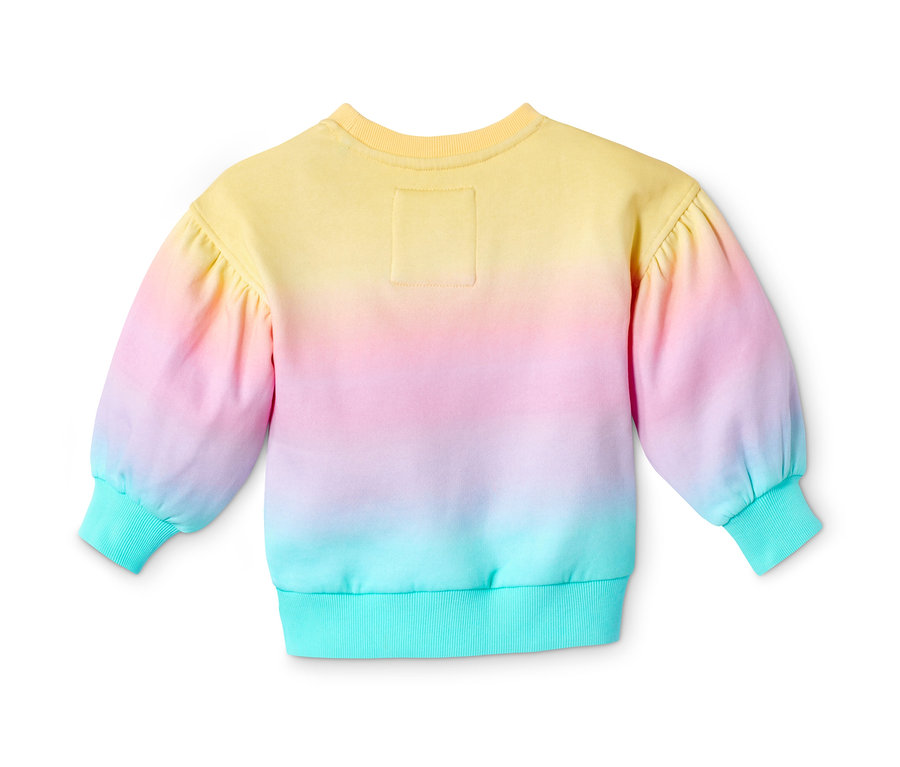 Widok z tyłu bluzy dresowej z efektem ombre w kolorach tęczy.