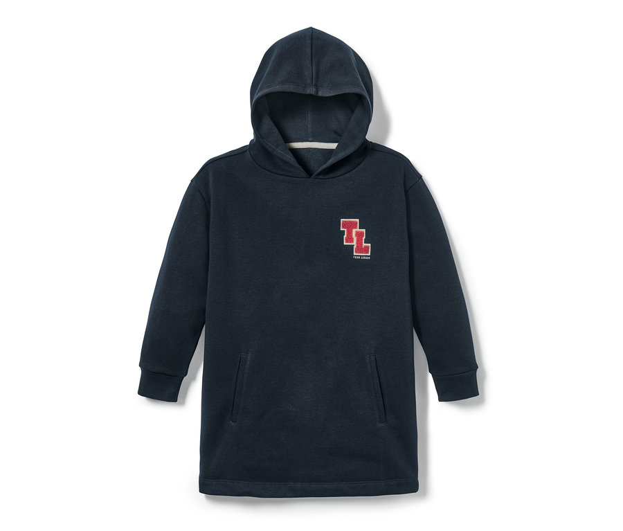 Niebieska długa bluza z kapturem.