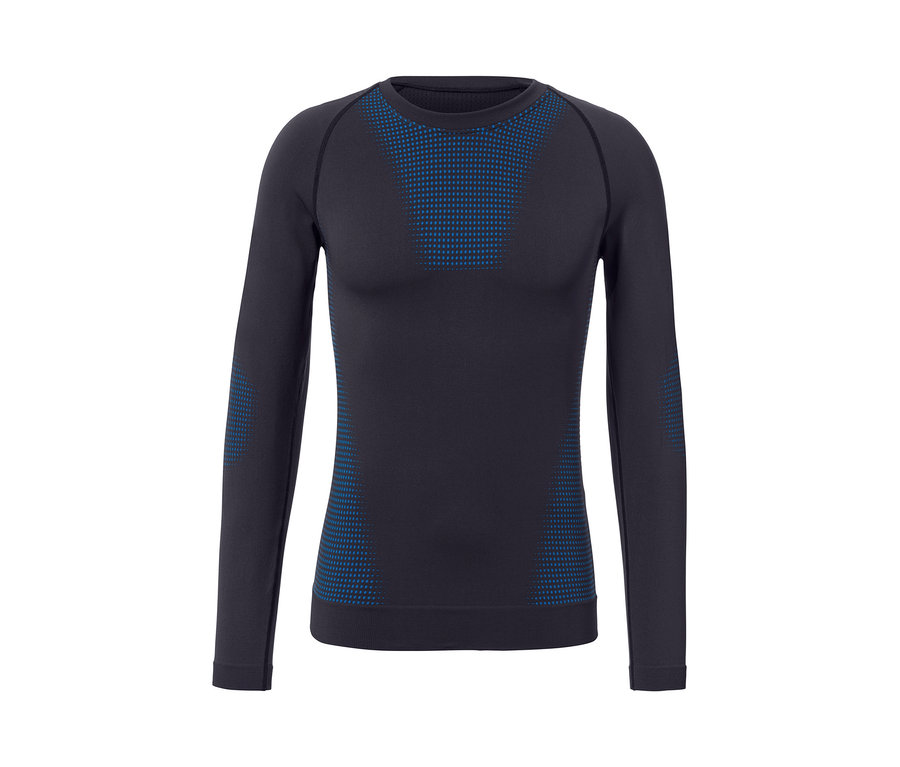 Ciemna koszulka funkcyjna z długim rękawem i niebieskim wzorem.