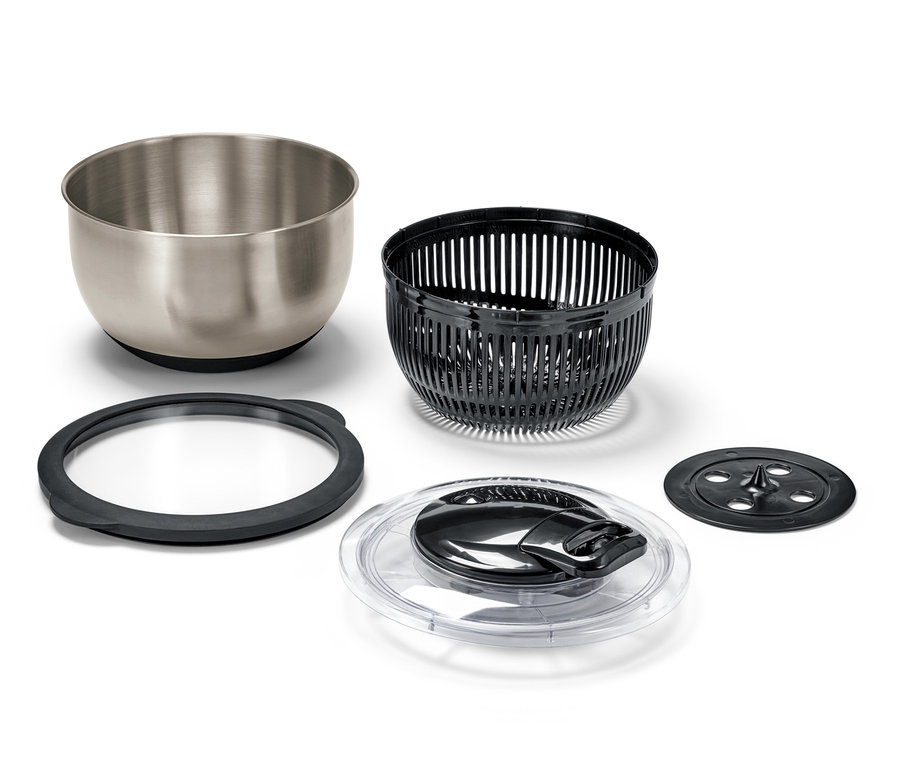 Rozłożona wirówka do sałaty ze stali nierdzewnej, z pokrywką na białym tle.