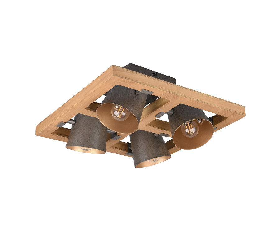 Czteropłomienna lampa sufitowa Trio Bell z drewnianą ramą i kloszami.