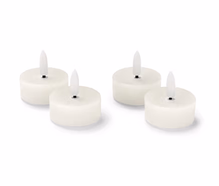 Cztery kremowe świeczki typu tealight LED z prawdziwego wosku.