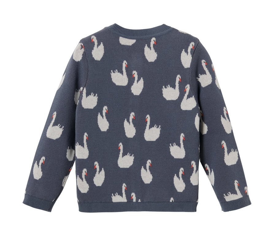Niebieski sweter rozpinany dla dzieci z wzorem łabędzi.