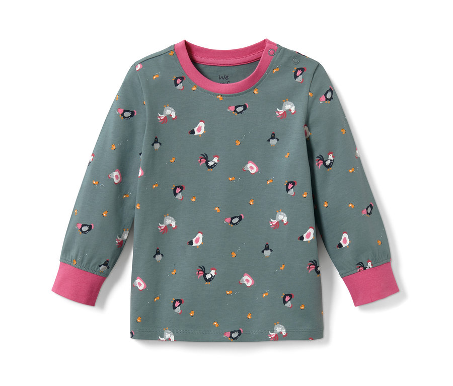 Niebiesko-szara piżama dziecięca z nadrukiem kogutów i pingwinów.