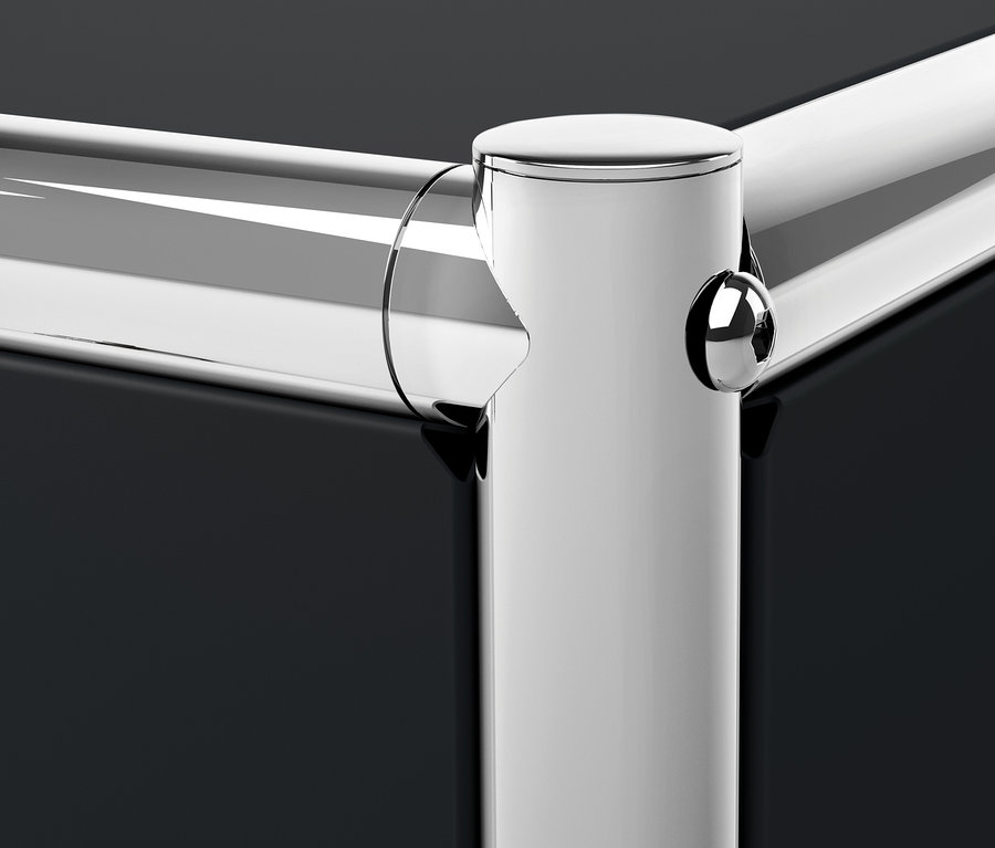 Fragment rogu czarnego metalowego regału CN3.