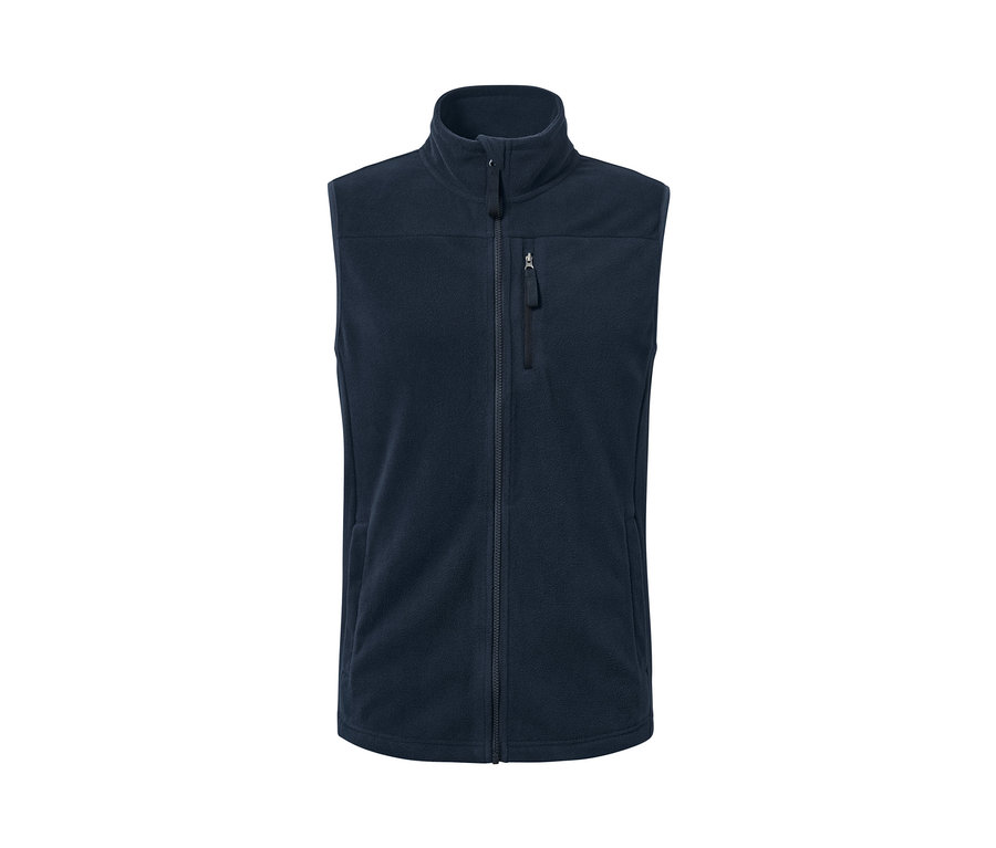 Granatowa kamizelka polarowa.