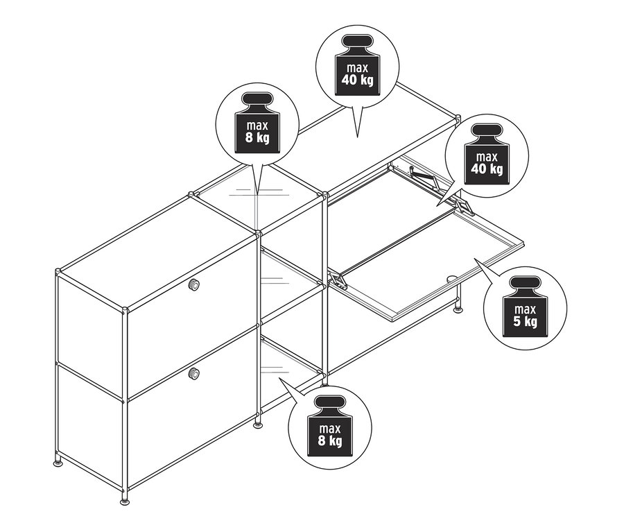 Schemat metalowej szafki typu sideboard »CN3« z 4 klapami i maksymalnym obciążeniem.
