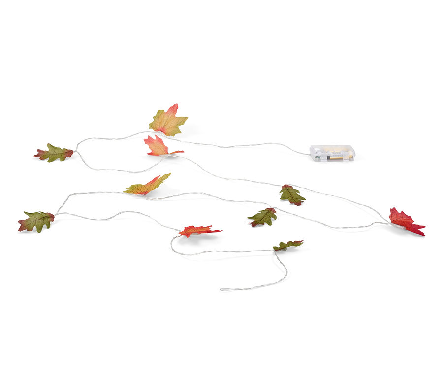 Łańcuch świetlny LED „Liście” z kolorowymi jesiennymi liśćmi na białym tle.