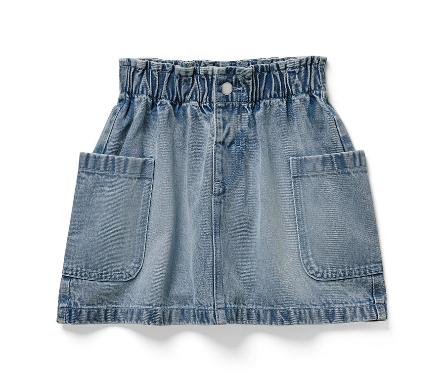 Spódnica dżinsowa typu paperbag z dwiema kieszeniami.