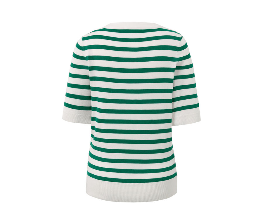 Sweter z dzianiny o drobnym splocie w paski z krótkimi rękawami.