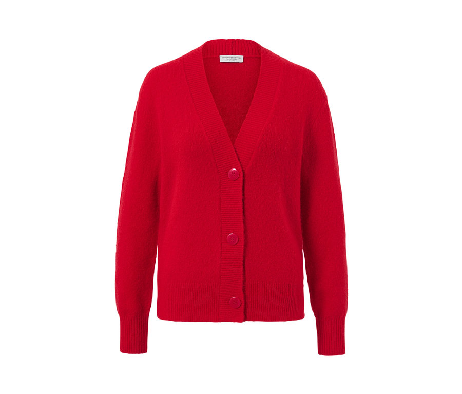 Czerwony rozpinany sweter z dekoltem w serek i guzikami.