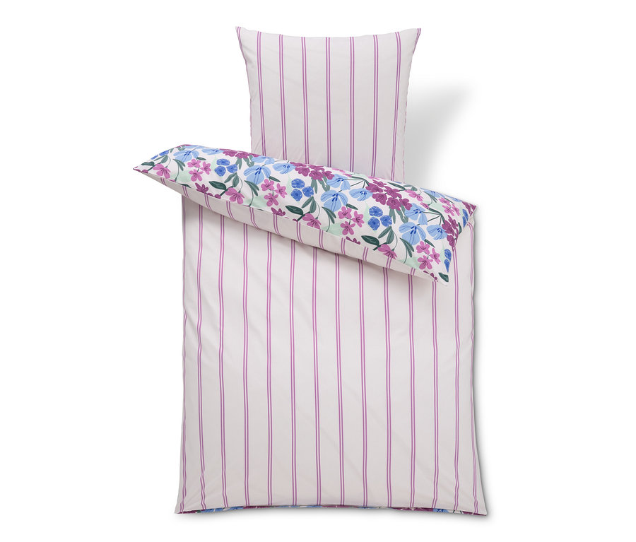 Biała pościel z bawełny renforcé w kwiaty o standardowym rozmiarze oraz biała pościel w fioletowe paski.