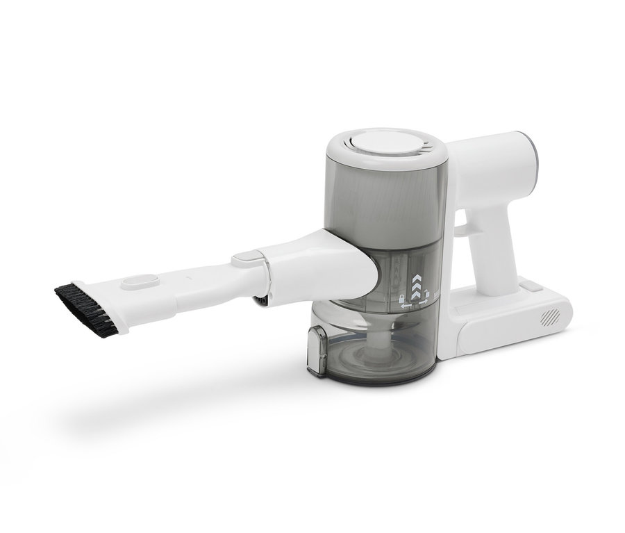 Biały profesjonalny odkurzacz bezprzewodowy ze szczotką.