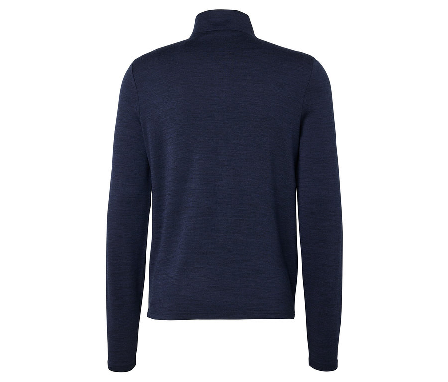 Widok z tyłu granatowego swetra z golfem.