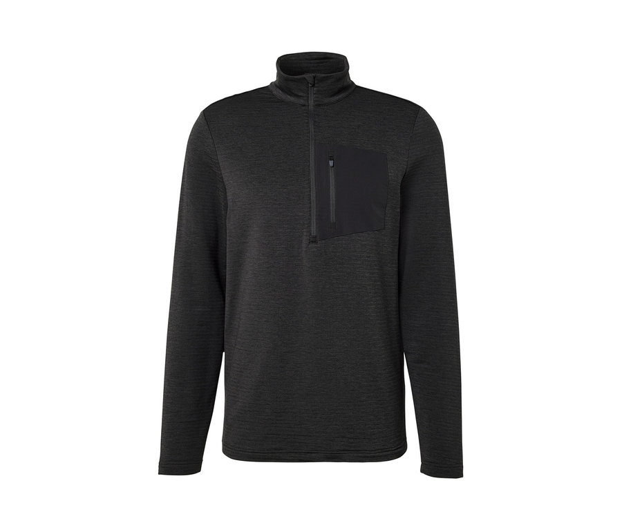 Antracytowa koszulka funkcyjna z długim rękawem i kieszenią na piersi.