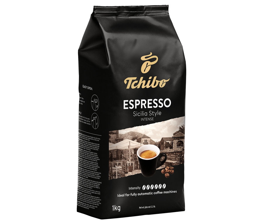 Czarne opakowanie kawy ziarnistej Tchibo Espresso Sicilia Style o wadze 1 kg.
