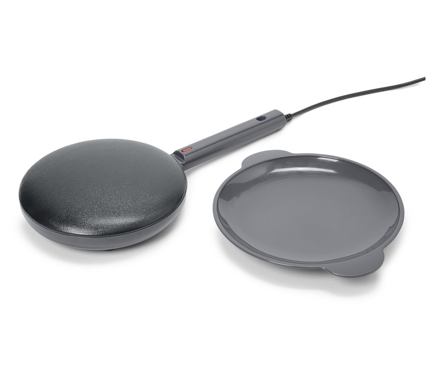 Szary mini-naleśnikarka z szarą płytą na białym tle.