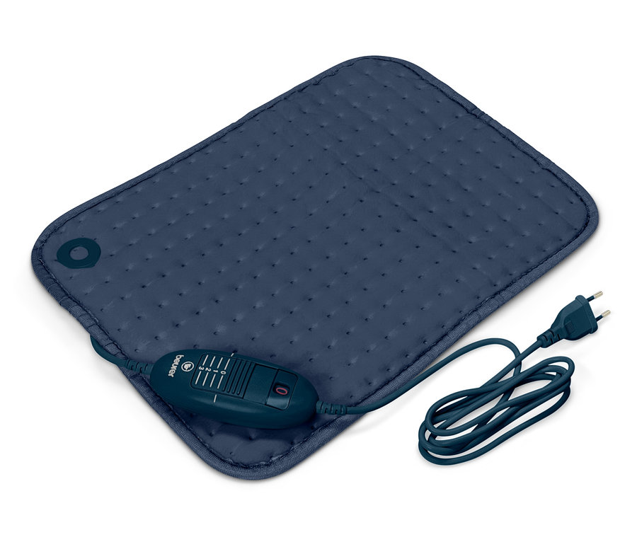 Niebieska podkładka grzewcza z kontrolerem i kablem na białym tle.