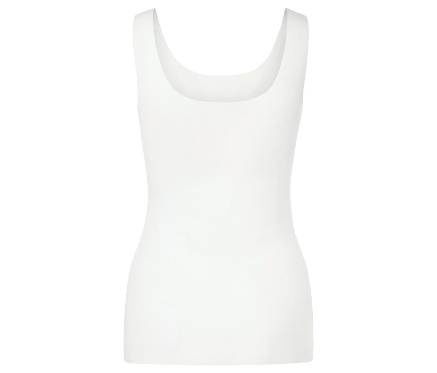 Biały, damski top bez rękawów z kwadratowym dekoltem.