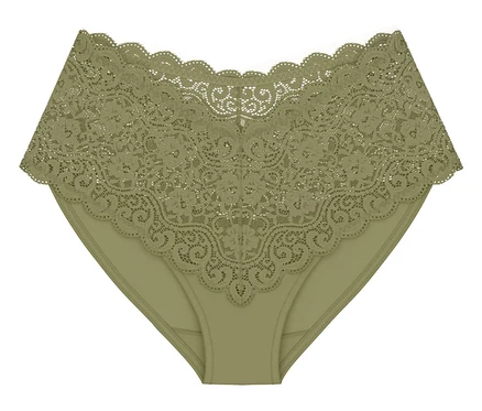 Majtki Triumph Amourette Maxi w kolorze oliwkowego złota z szerokim koronkowym pasem.