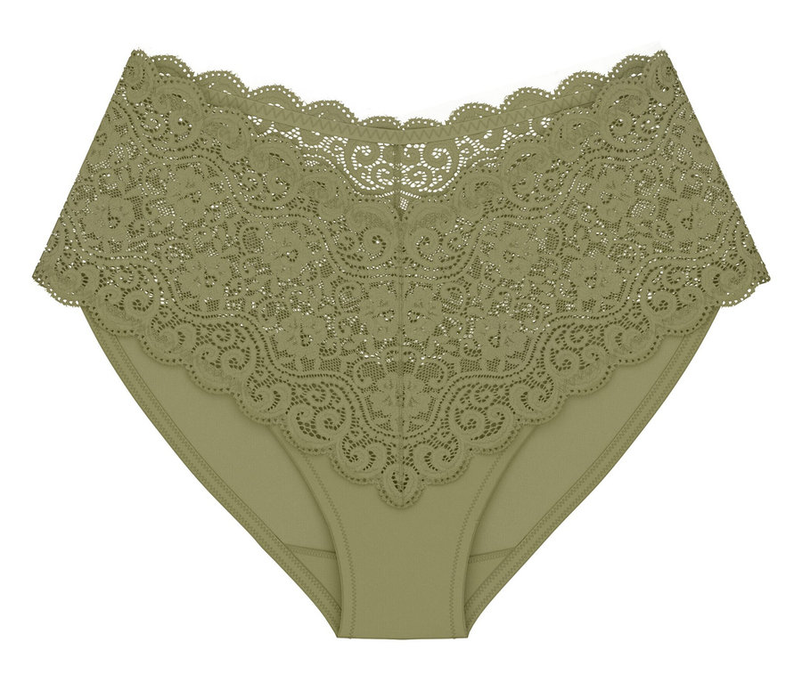 Majtki Triumph Amourette Maxi w kolorze oliwkowego złota z szerokim koronkowym pasem.